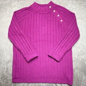 Talbots Plus Sweater Sz 1X Magenta Purple Ribbed Mock Neck Gold Button Shoulder